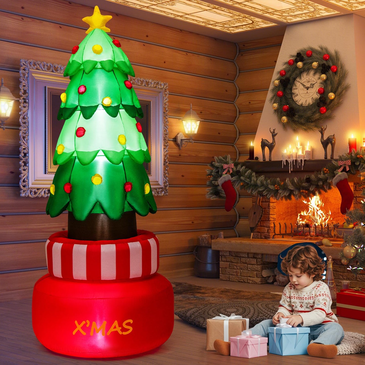 2.4M Inflatable Christmas Decoration, Blow up Christmas Tree with LED Lights (Green Rotating Tree)