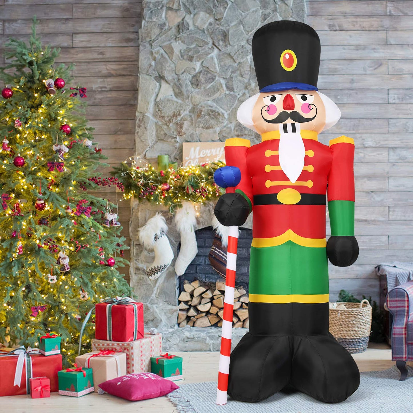 2.4M Inflatable Christmas Decoration, Giant Blow up Nutcracker Soldier with 3 LED Lights and Candy Scepter