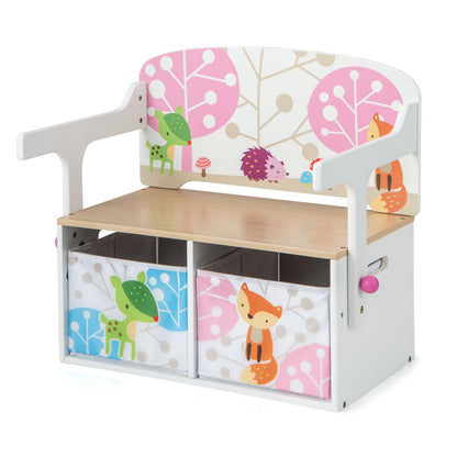 Kids Table and Chair Set, Convertible Toy Storage Bench with 2 Removable Fabric Bins