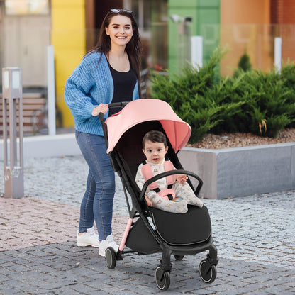 Baby Stroller, Protable Travel Buggy with Detachable Seat Cover, 5-Point Harness, Adjustable Canopy(Pink)