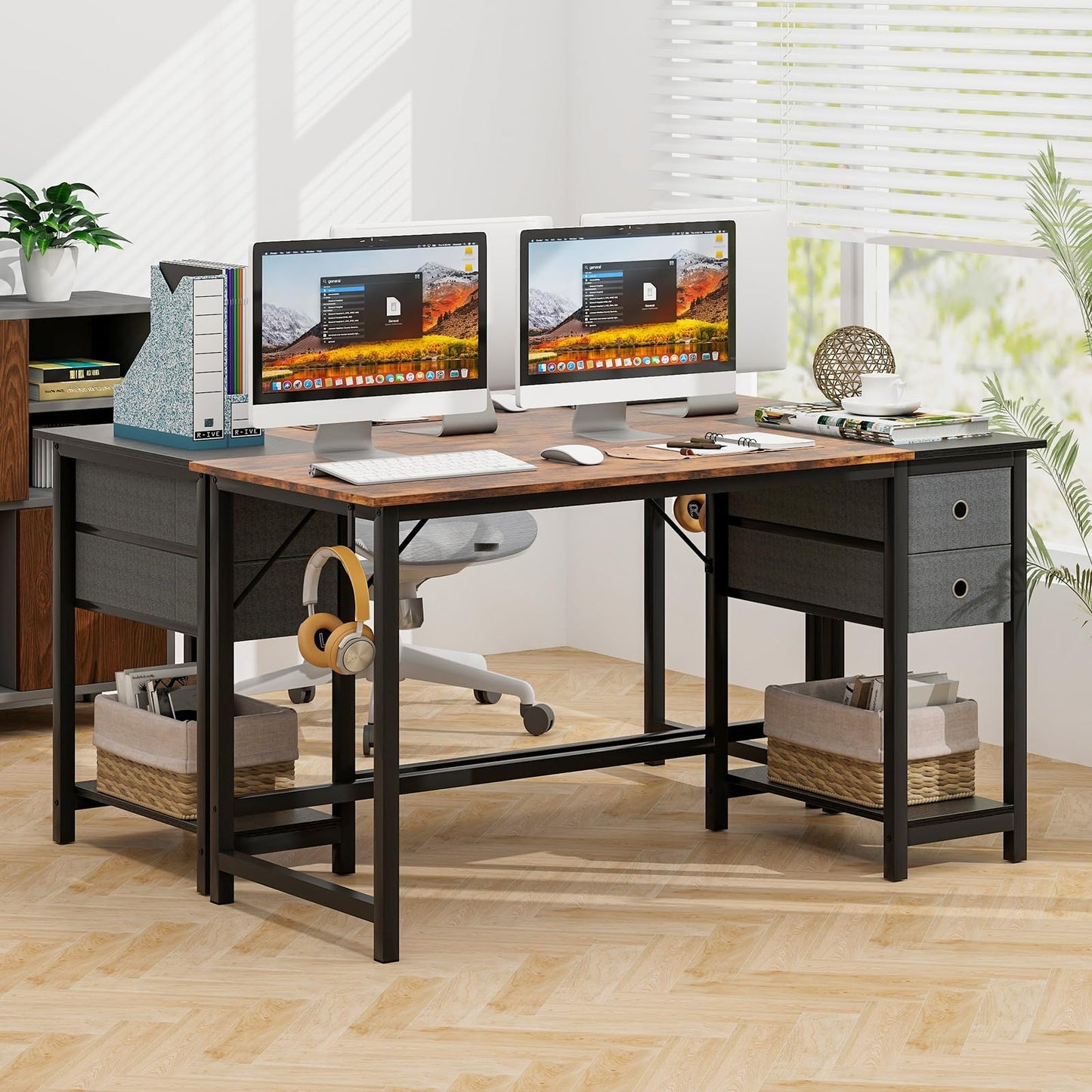 Computer Desk, Metal Frame Study Table Workstation with 2 Removable Drawers (140 x 60 x 75 cm)