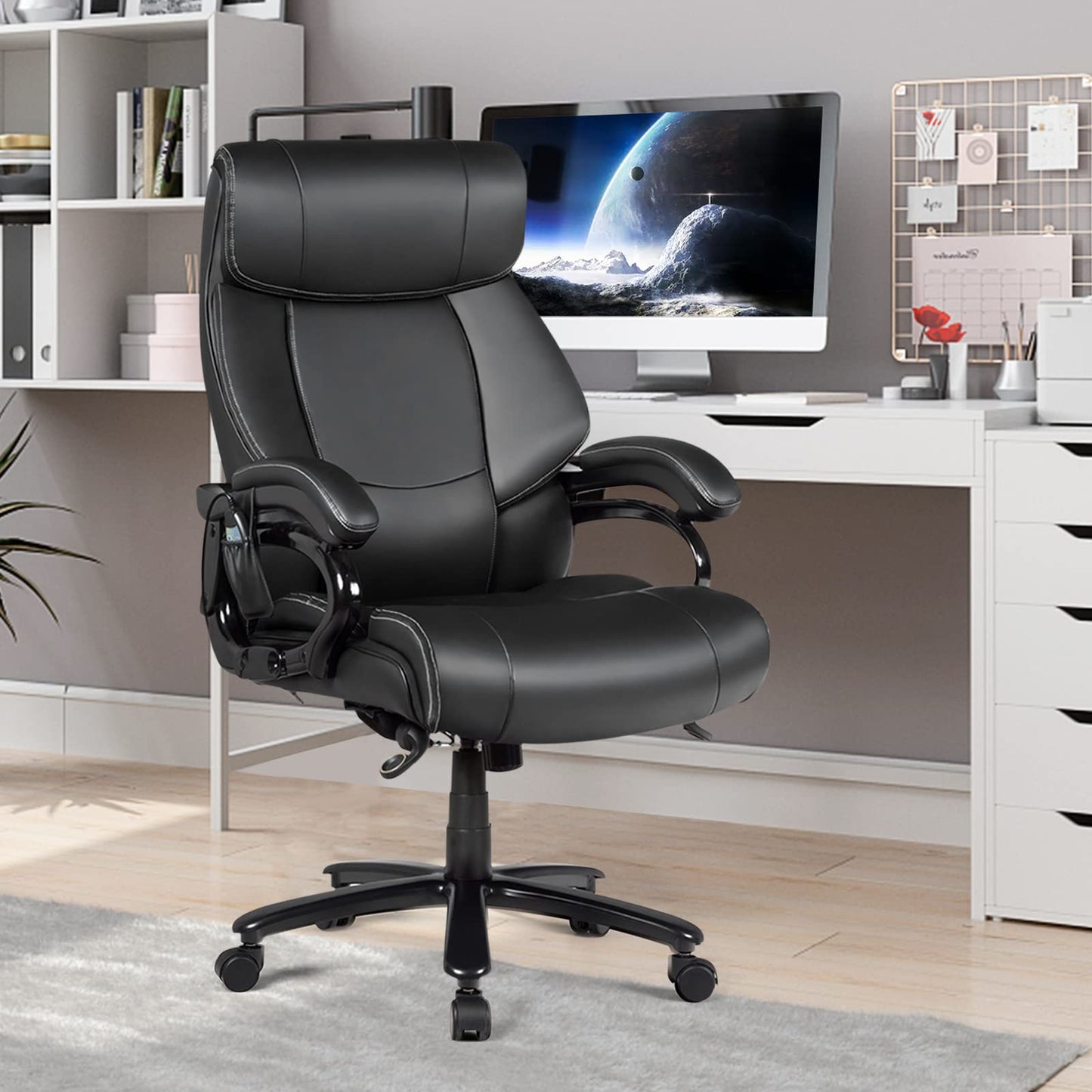 400LBS Big & Tall Executive Office Chair, Height Adjustable PU Leather Computer Desk Chair with Rocking Backrest