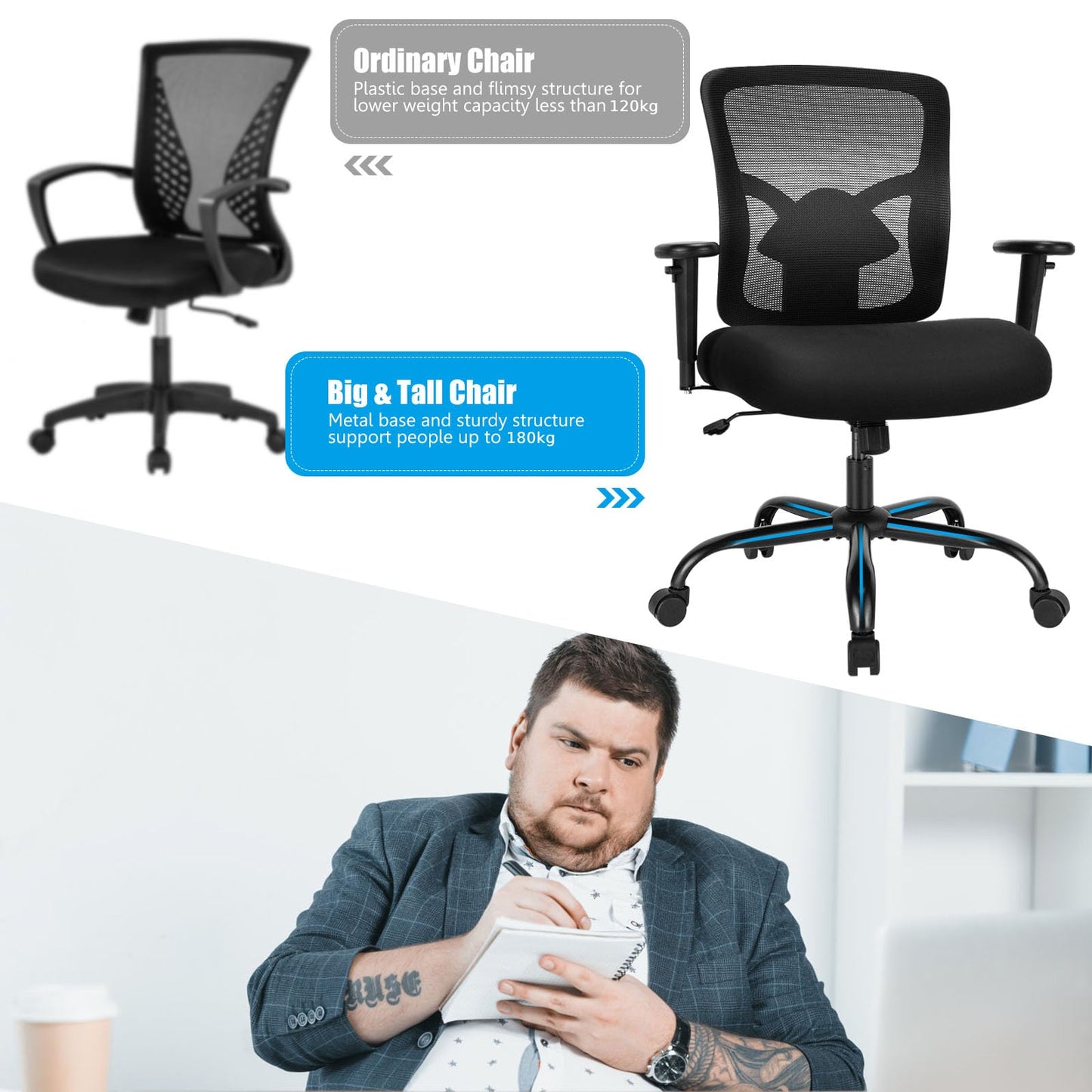 400LBS Big and Tall Mesh Office Chair, Height Adjustable Computer Desk Chair with Rocking Backrest