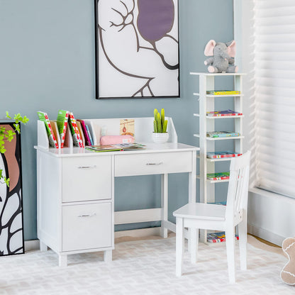 Kids Desk and Chair Set, Wooden Student Study Table with Drawer, Storage Cabinets & Tabletop Bookshelf(White)