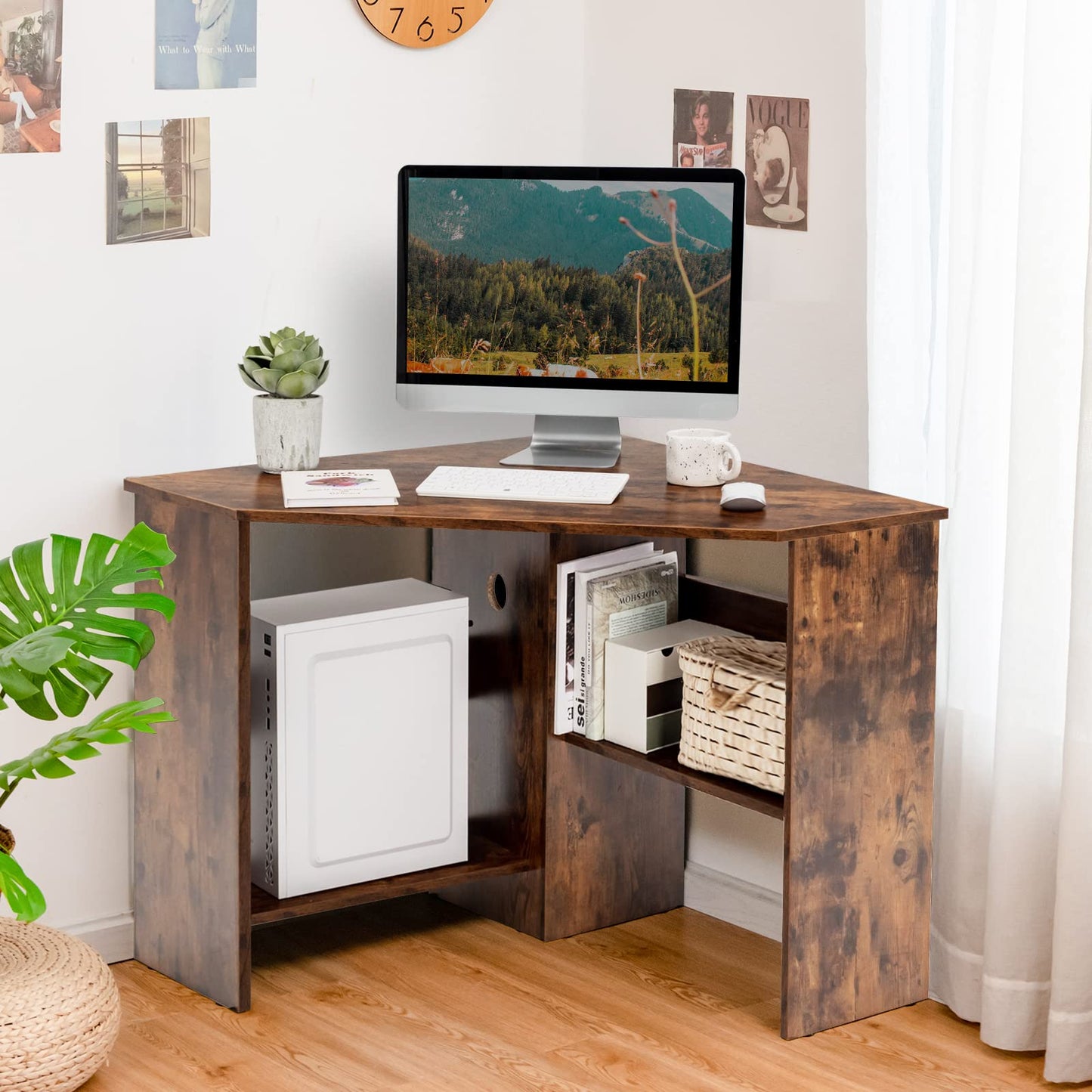 Corner Computer Desk, Triangle Study Desk Writing Workstation with Open Shelves and Cable Management Holes