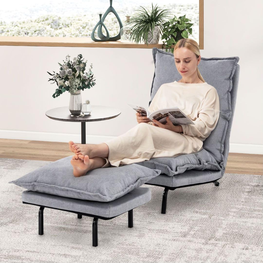 Lounge Sofa Chair with Ottoman, 6-Positon Adjustable Chaise Lounge Recliner with Detachable Cushion