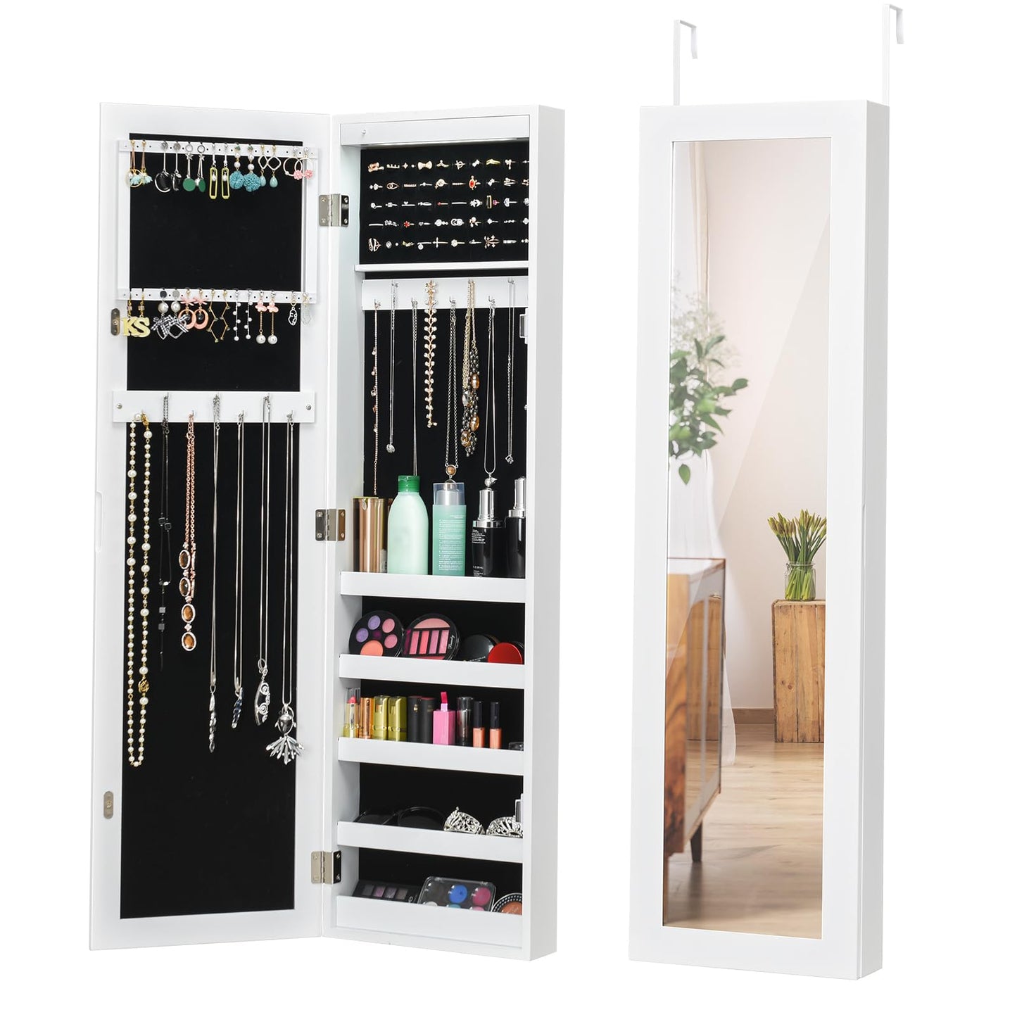 LED Lighted Jewelry Cabinet, Wall & Door Mounted Jewelry Armoire with Full-Length Mirror