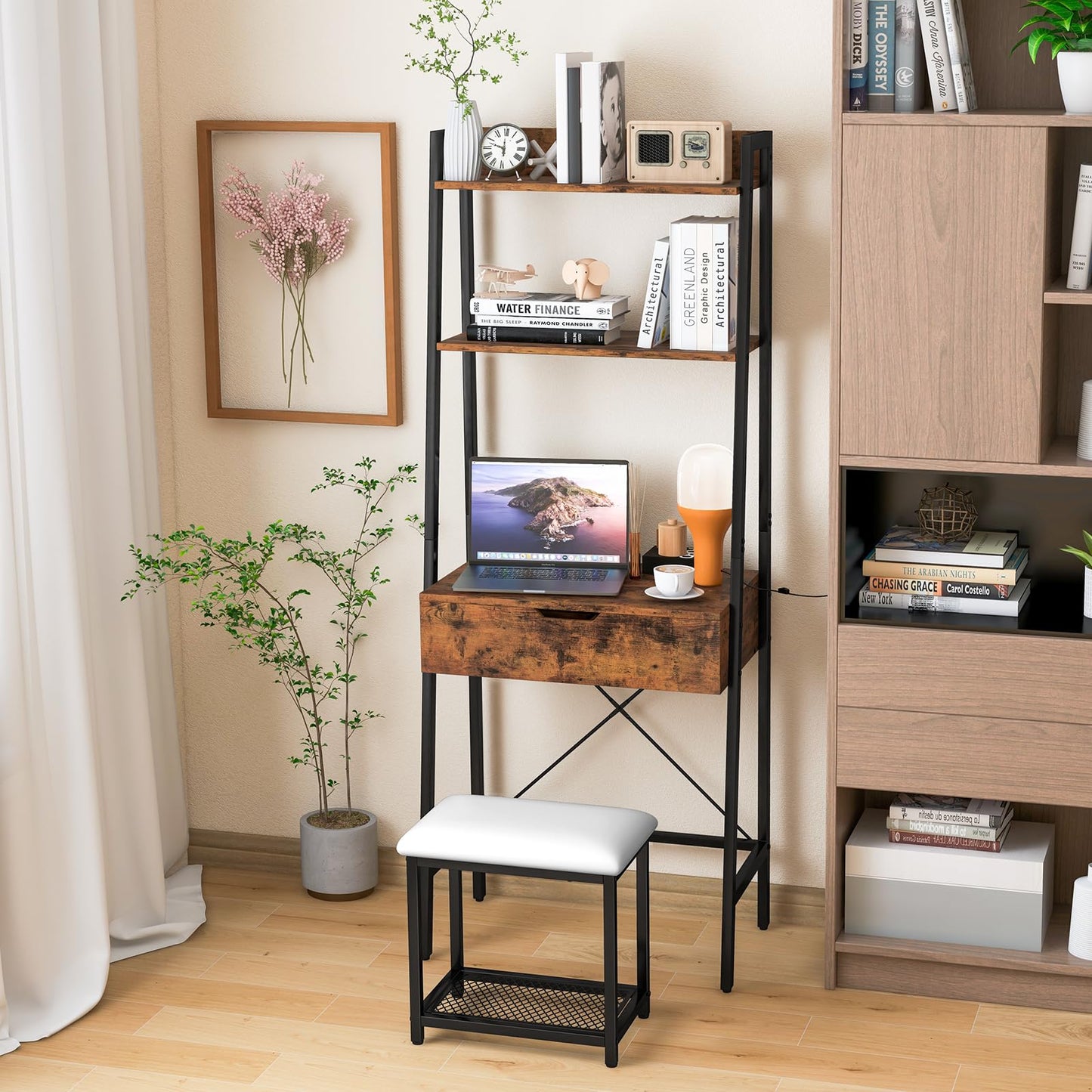 Dressing Table and Stool Set with Flip Top Mirror, Wooden Makeup Vanity Table Set with 2 Ladder Shelves