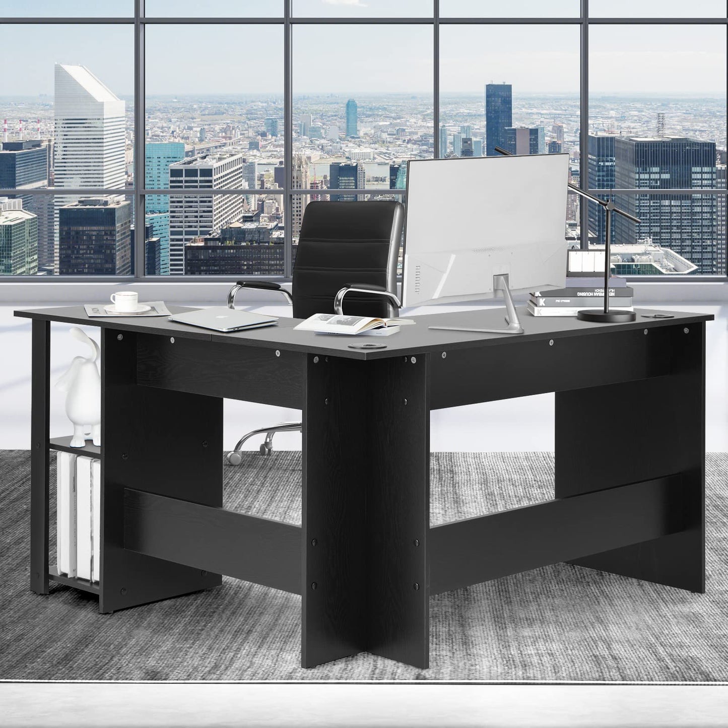 L-Shaped Computer Desk, Modern Large Corner Desk Writing Study Table with Storage Shelves