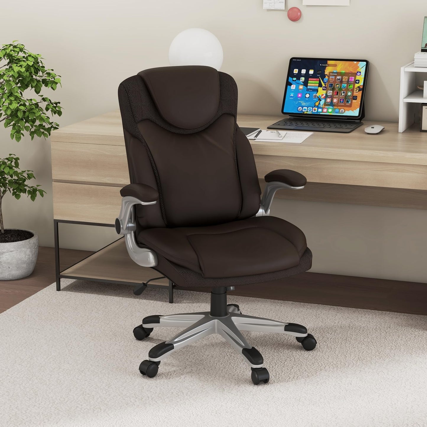 350LBS Executive Office Chair, Height Adjustable PU Leather Computer Desk Chair with Rocking Backrest and Arms, 72 x 72 x 118 cm