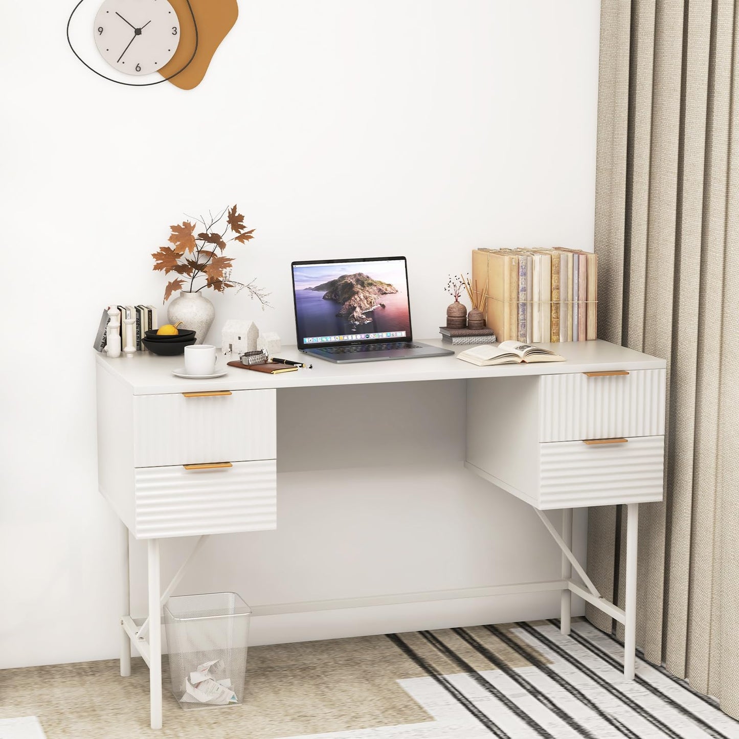 Computer Desk with 4 Drawers, 120cm Home Office Study Table Writing Workstation, Modern PC Laptop Table Working Desk, White