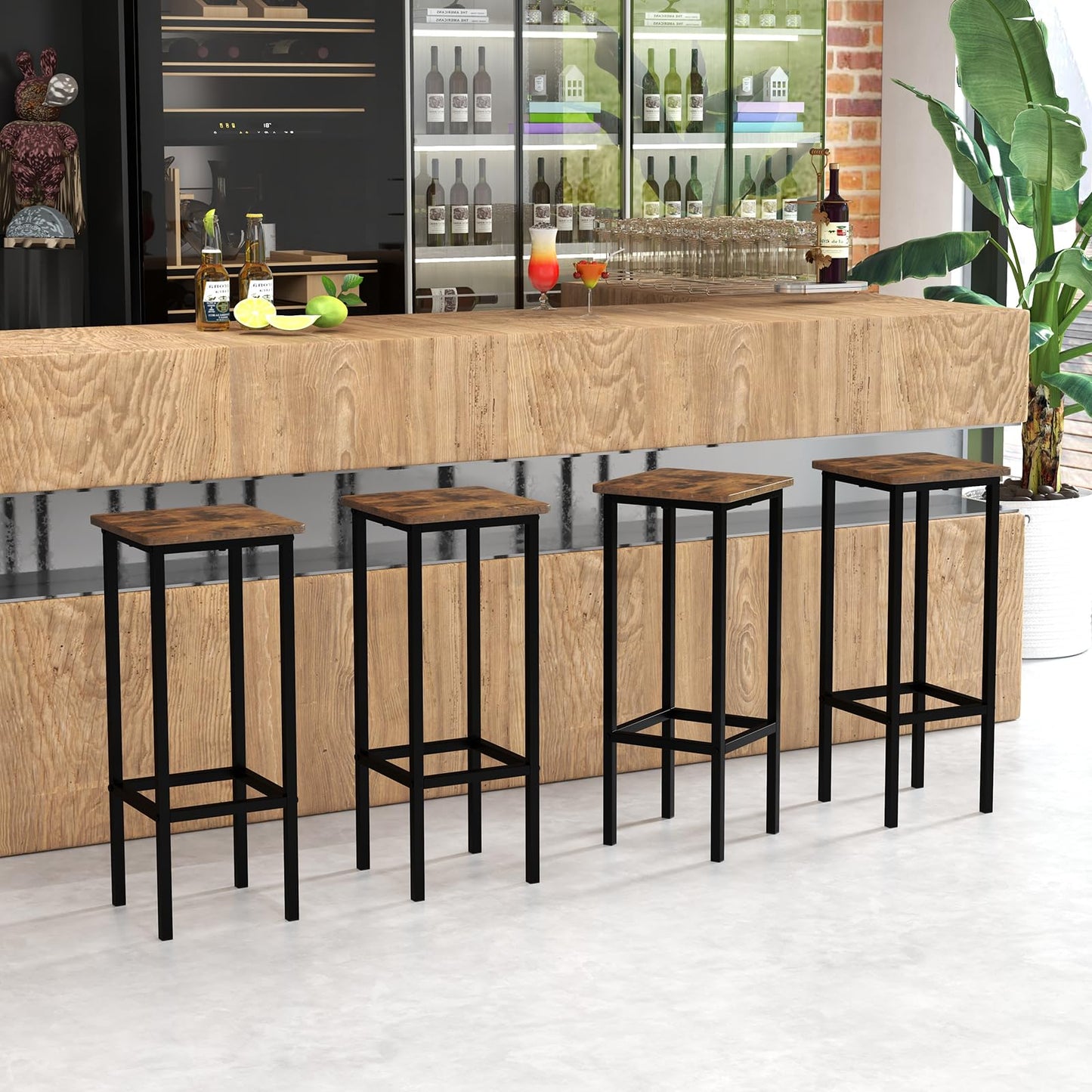 Bar Stools Set of 4, Industrial Bar Chairs with Footrest and Non-slip Pads (Rustic Brown+Black)