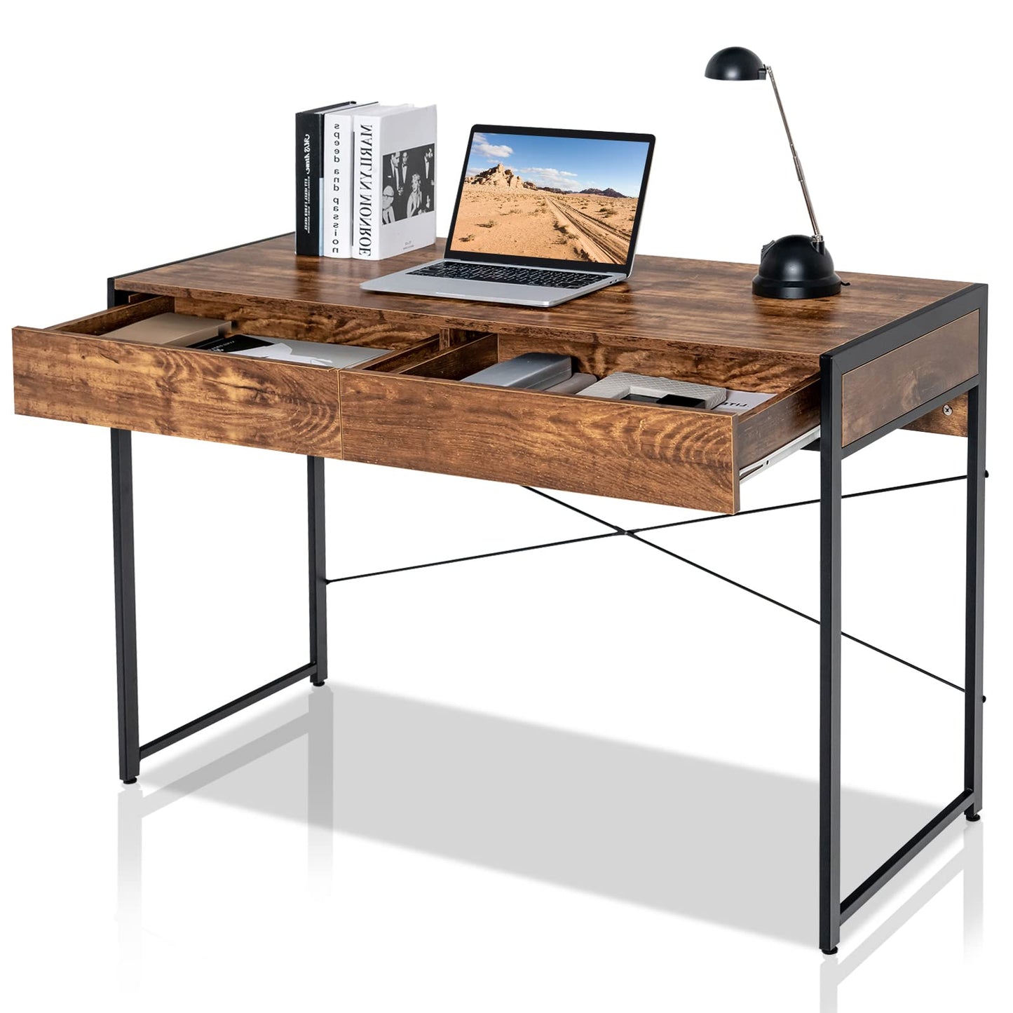 Computer Desk, Wooden PC Laptop Table Writing Workstation with 2 Drawers, 112 x 48 x 76cm