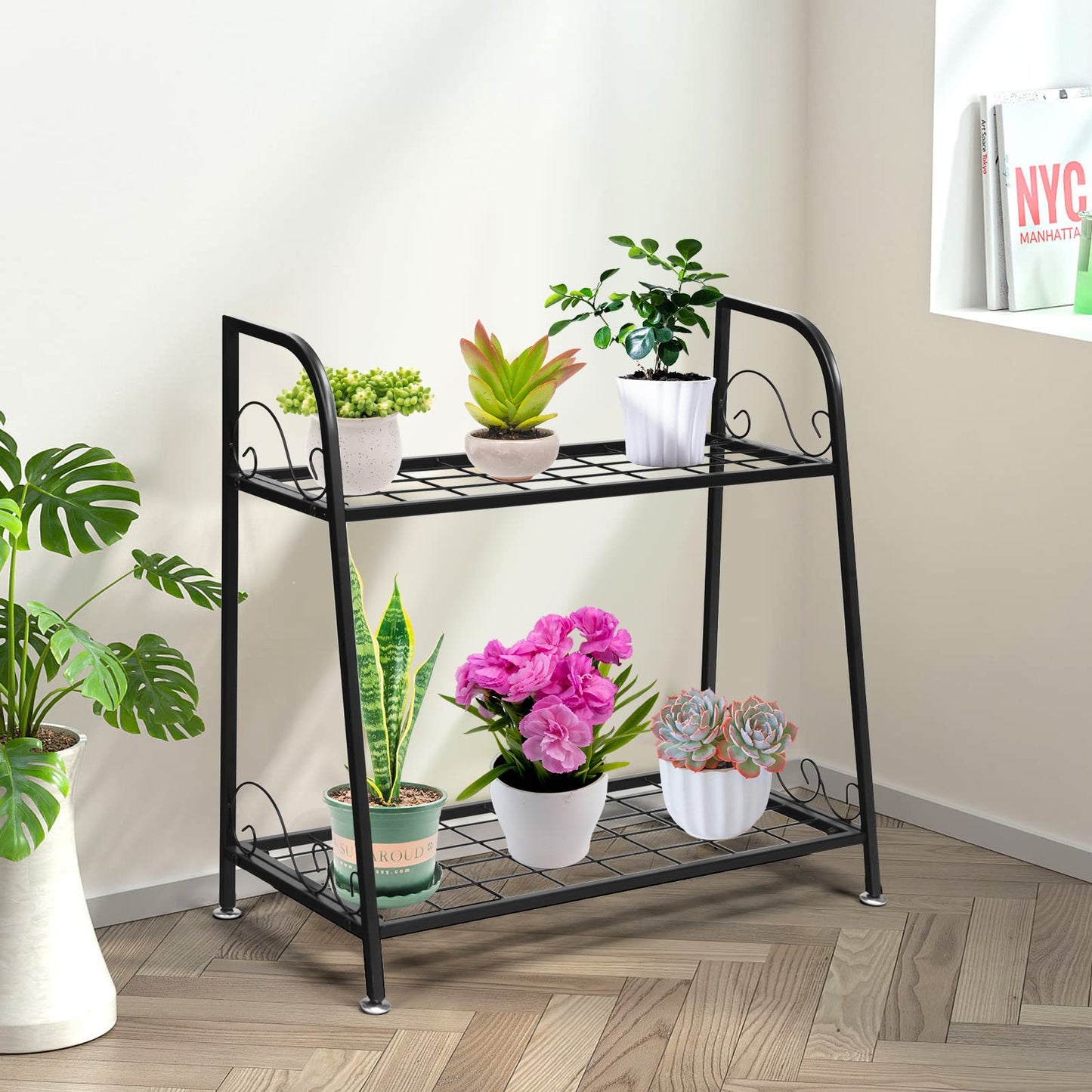 2 Tier Plant Stand, Scrollwork Design Metal Flowers Pot Holder with Adjustable Foot Pads