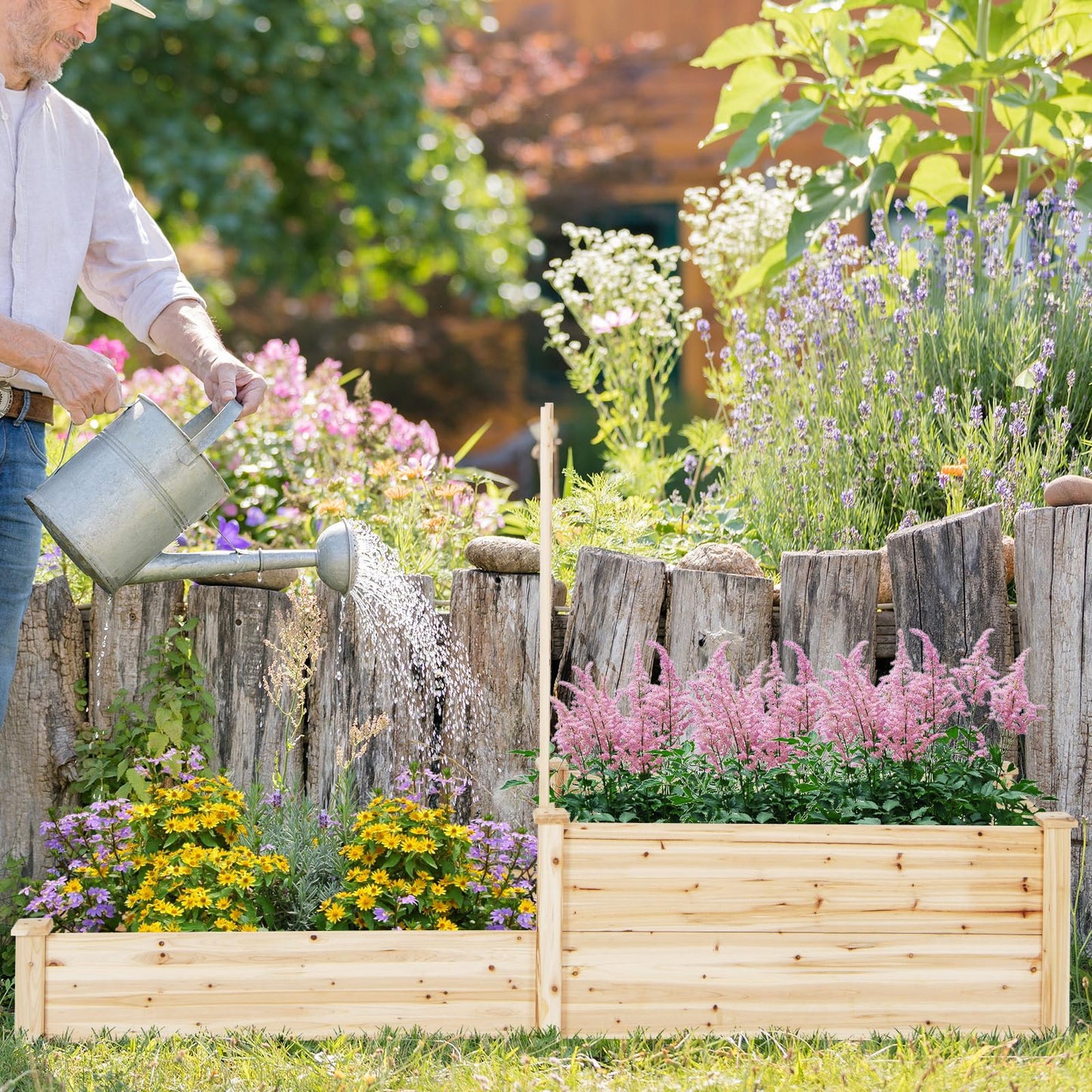 GiantexUK Garden Planter with Trellis, 2-Tier Wooden Raised Garden Bed with Adjustable Trellis