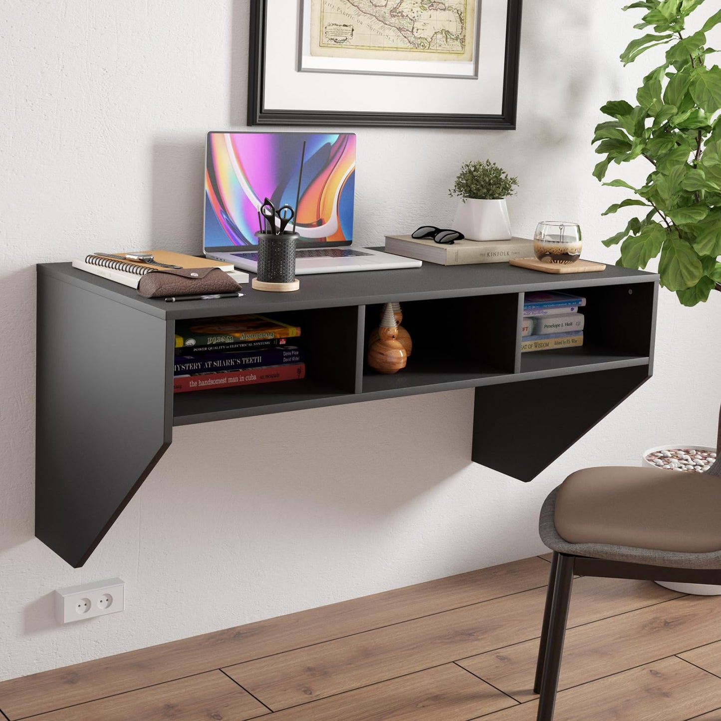 Wall Mounted Table, 108x52cm Floating Computer Desk with 3 Storage Compartments