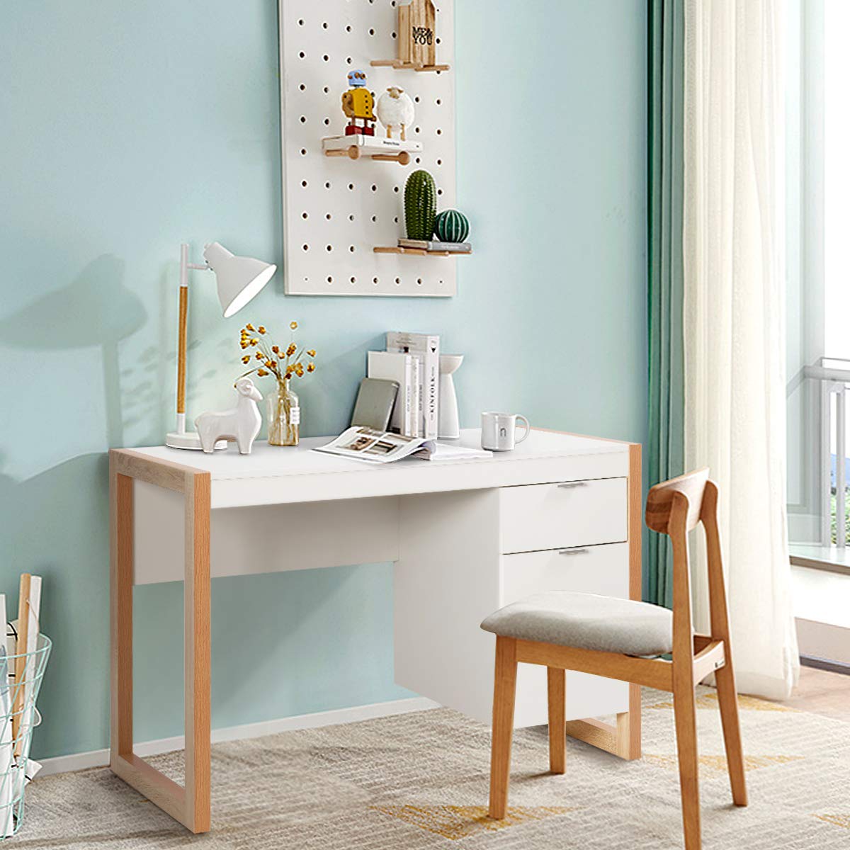 Computer Desk, Wooden Study Table Writing Workstation with Drawer and Cabine, 112x50x75cm, White+Natural