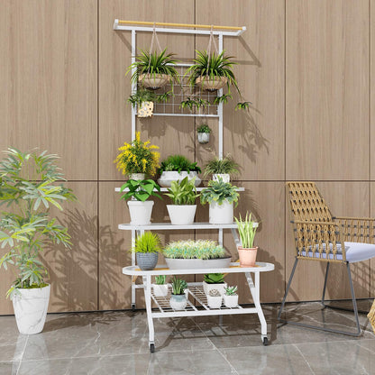 4-Tier Hanging Plant Shelf, Ladder Flower Pot Organizer Storage Rack with Wheels, Hanging Bar and Trellis