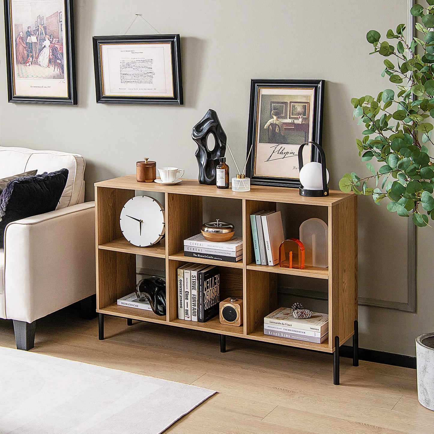 6 Cube Storage Bookcase, Wooden Freestanding Bookshelf Side Cabinet with Adjustable Shelves and 5 Metal Legs, 120x35x78cm