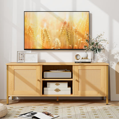 TV Stand for TVs up to 55 Inches, Wooden TV Cabinet Media Entertainment Center with 2 Rattan Effect Doors