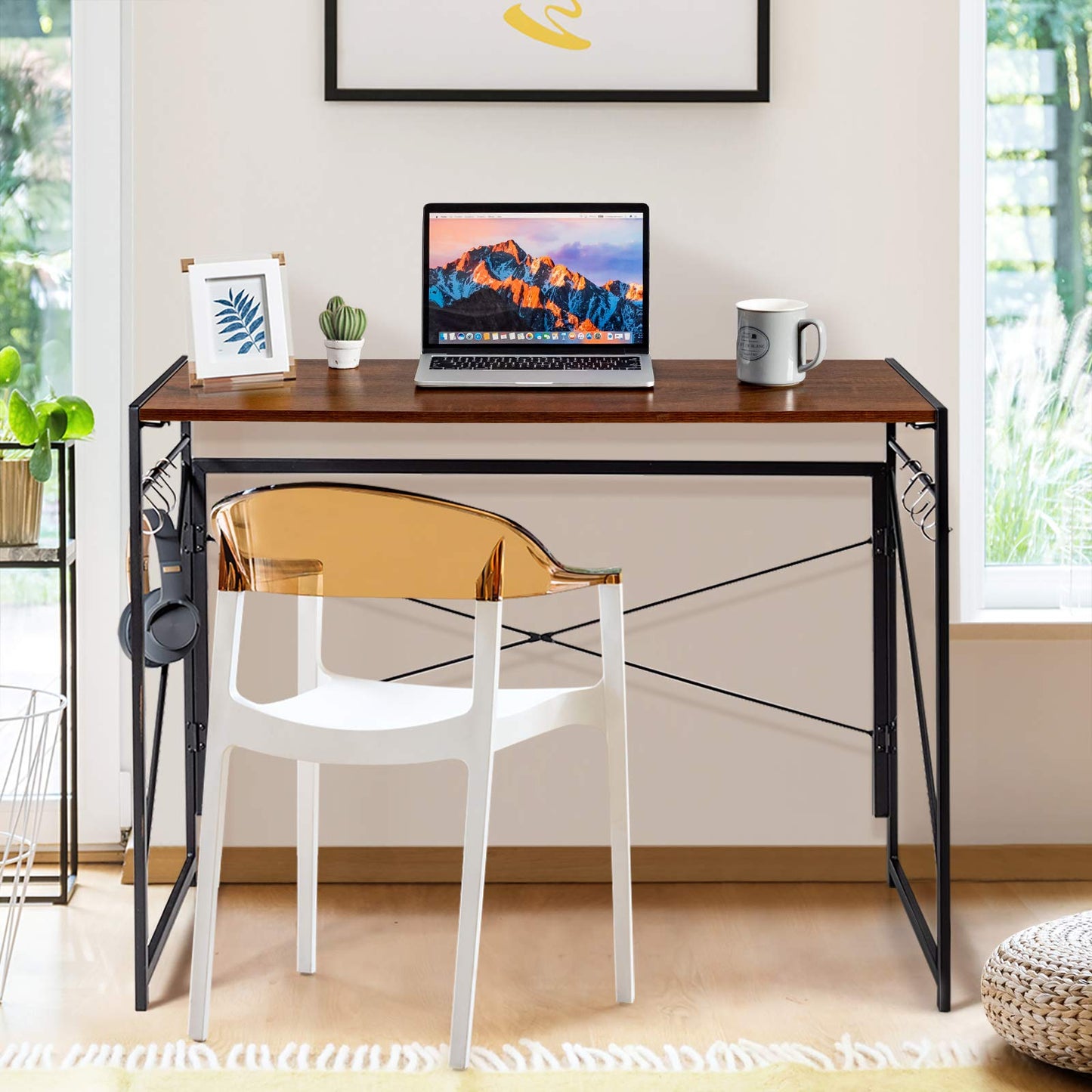 Folding Computer Desk, Modern Simple Study Desk Writing Workstation with 6 Hooks and Crossbars