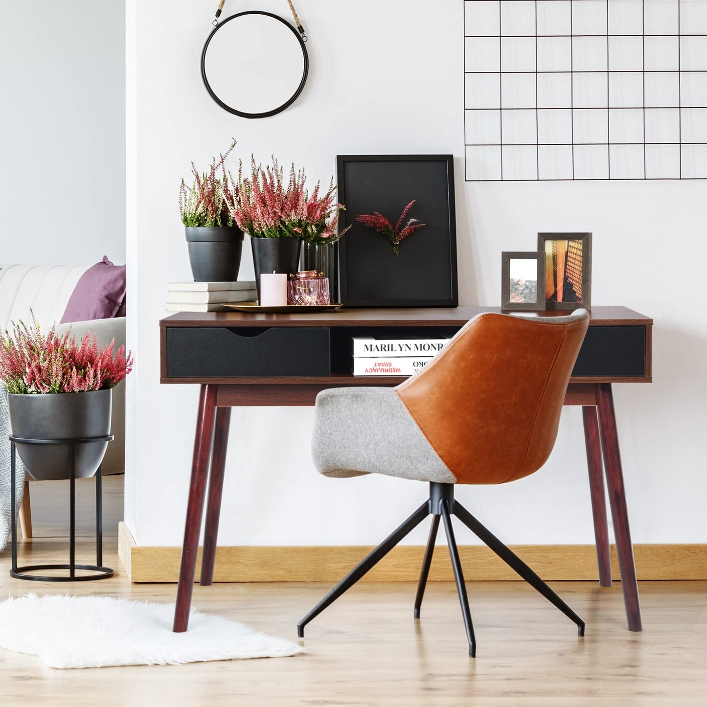 Computer Desk, Wooden PC Laptop Table Writing Workstation with 2 Drawers, Walnut+Black