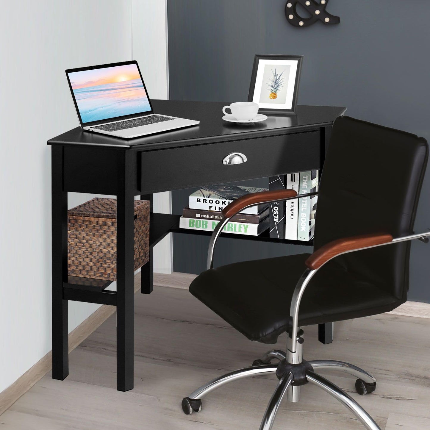 Corner Desk, Triangular Computer Desk Workstation with Open Shelf & Drawer