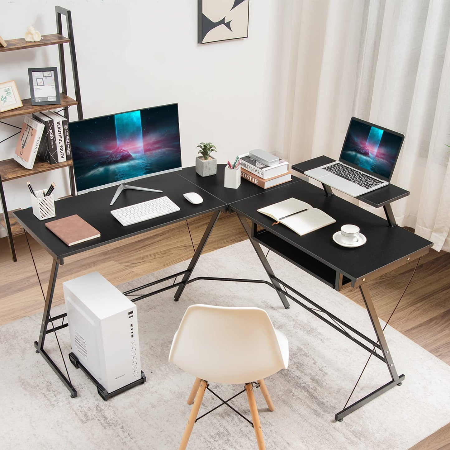 L-Shaped Computer Desk, 130CM Large 2-Person Corner Writing Workstation with Movable Host Stand