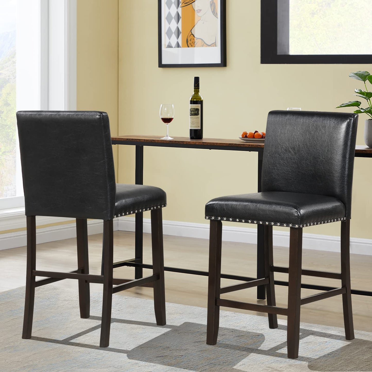 GiantexUK Bar Stools Set of 2/4, Upholstered Barstools with Padded Backrest & Footrests, Counter Height Breakfast Bar Chairs(Black)