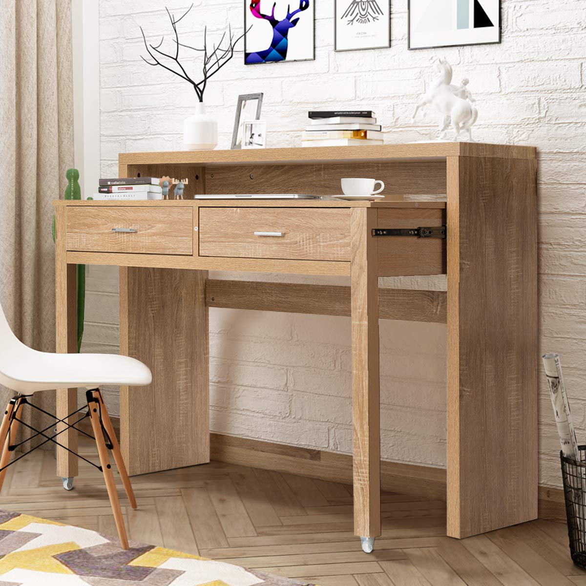 Extending Computer Desk, Wooden Study Writing Desk PC Laptop Table with 2 Storage Drawers