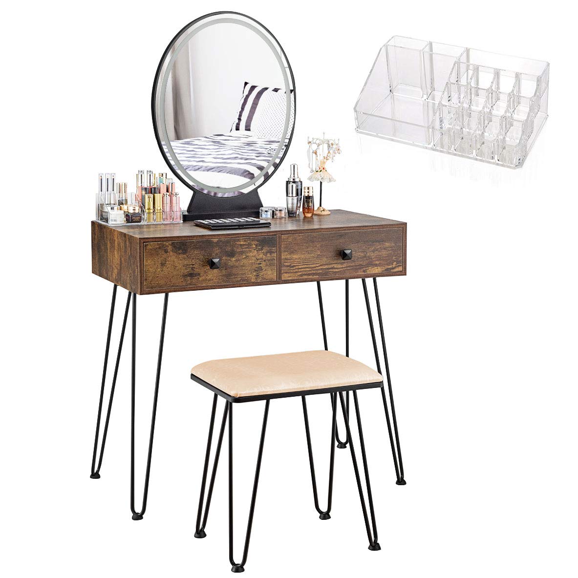 Dressing Table Set, Industrial Cosmetics Dresser with Detachable LED Mirror and Makeup Box (Rustic Brown)