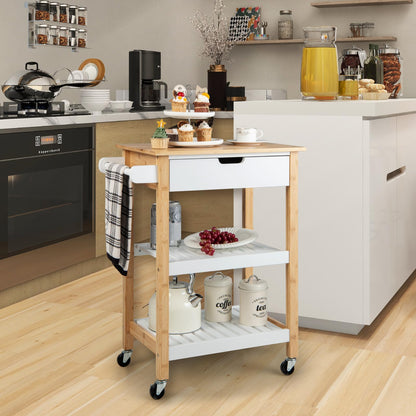 GiantexUK Kitchen Storage Trolley on Wheels, Serving Cart with Bamboo Worktop, Drawer, Storage Shelves