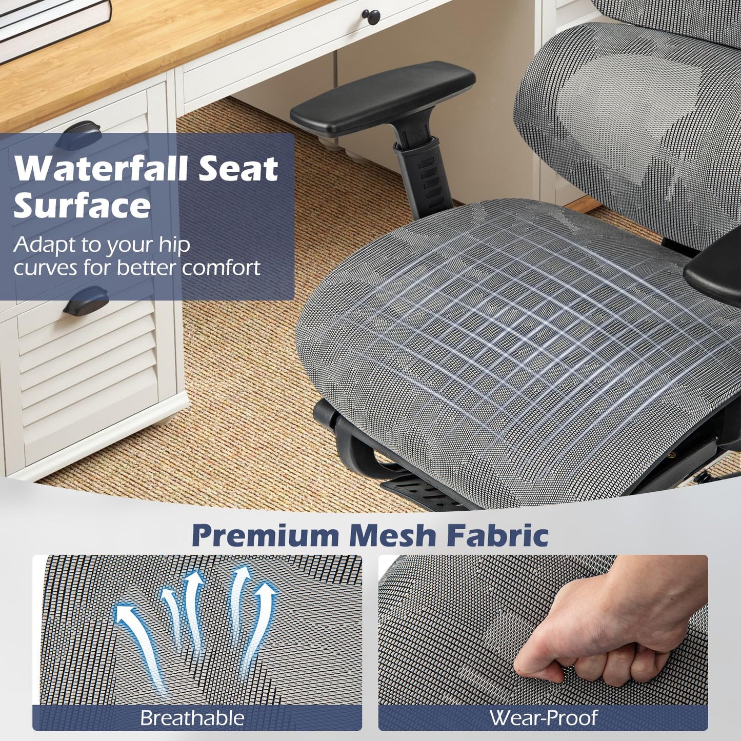 Mesh Office Chair, Ergonomic High Back Swivel Computer Desk Chair with Lumbar Support and Retractable Footrest