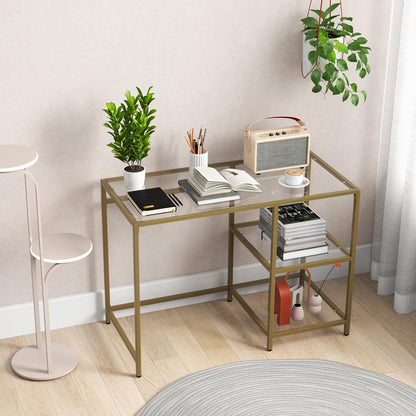 Modern Computer Desk, Tempered Glass Study Table Writing Workstation with Storage Shelf