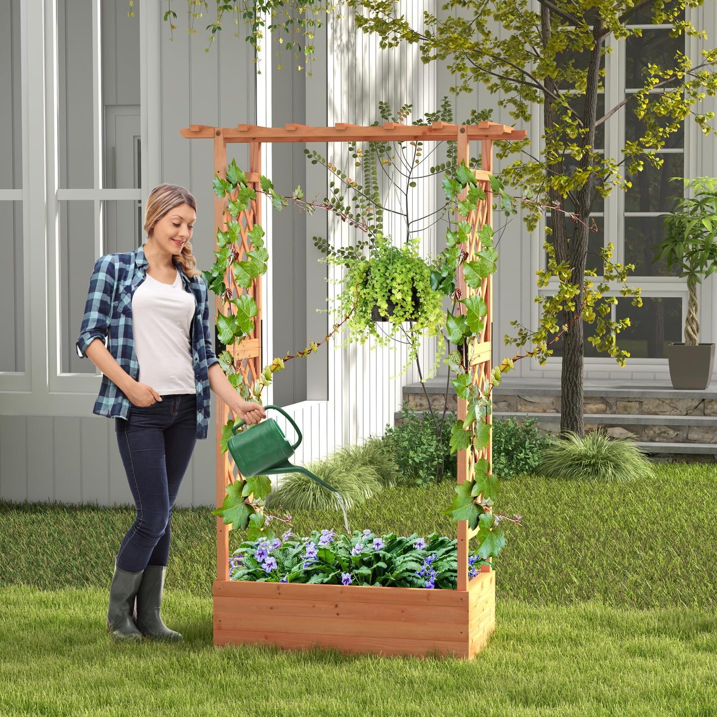 GiantexUK Raised Garden Bed with Arch Trellis, Wooden Garden Planter Box with Drainage Holes