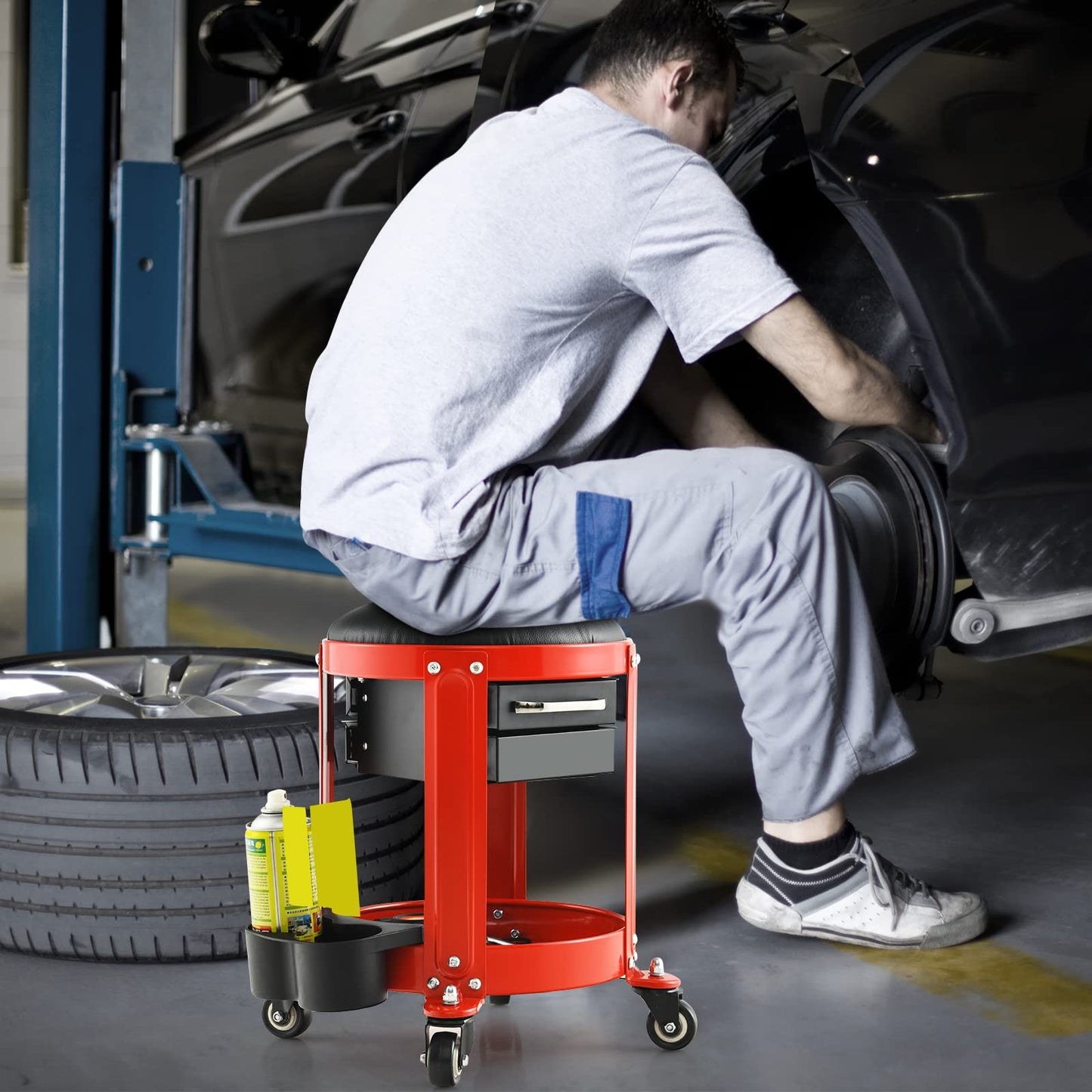 GiantexUK Pneumatic Rolling Mechanic Stool, 2 Drawers Workshop Creeper Seat with 4 Universal Casters