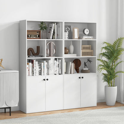 Wooden Bookcase, 155cm Tall Bookshelf with 4 Open Cubes, 2-Door Cabinet, 5-Level Adjustable Shelf & Non-toppling Kit