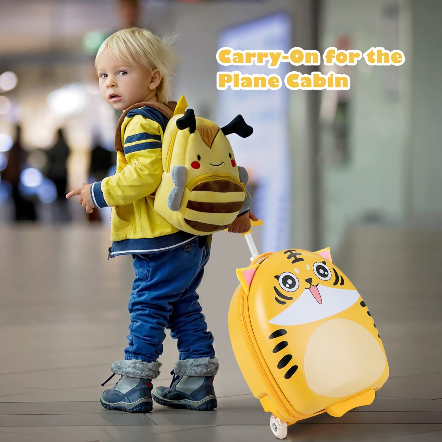 Kids Luggage, 16'' Children Cabin Suitcase with Light-up Wheels and Telescopic Handle (Yellow Tiger)