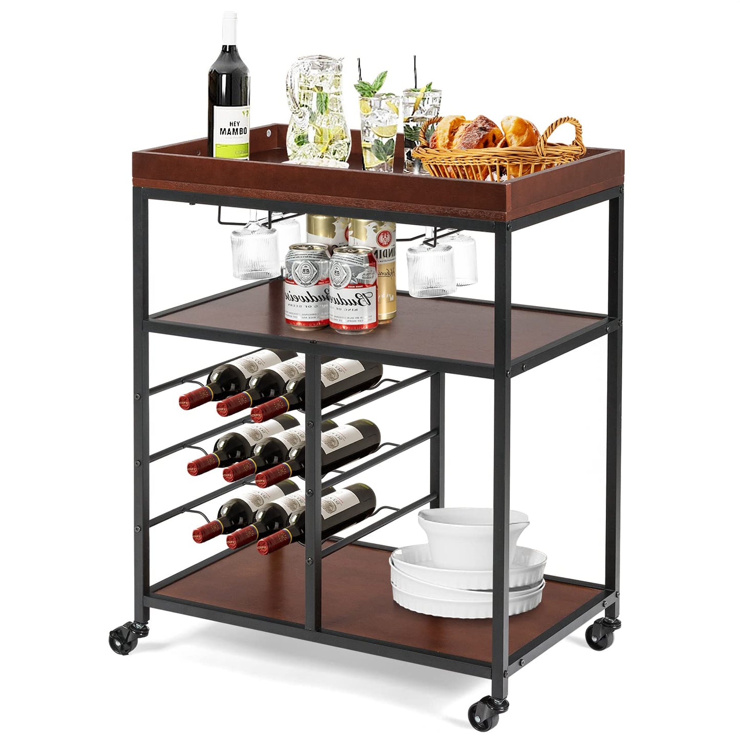 GiantexUK Kitchen Serving Cart, 3 Tier Rolling Cart Trolley with Wine Rack and Handle (3 Tiers Wine Rack, 71 x 45 x 93cm)