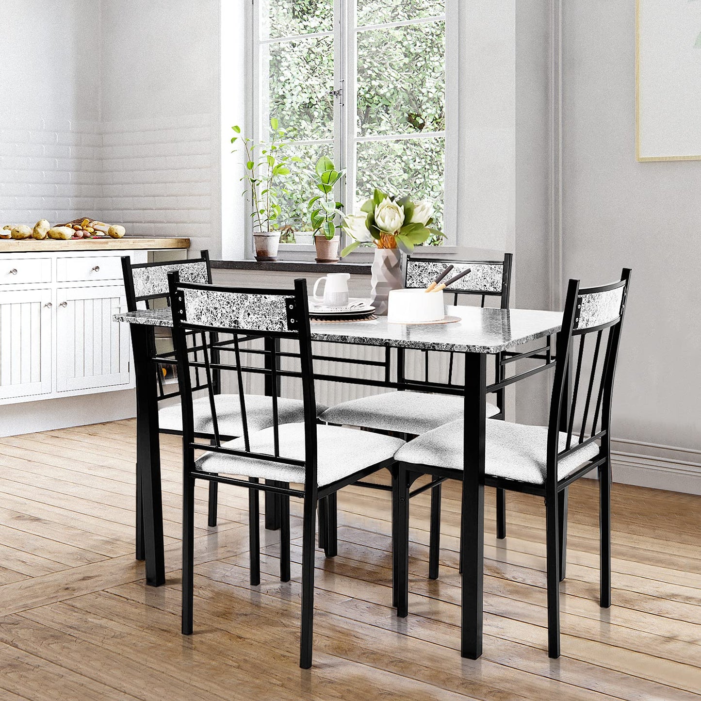 GiantexUK 5PCS Kitchen Dining Set, Morden Dining Table and 4 Cushioned Chairs