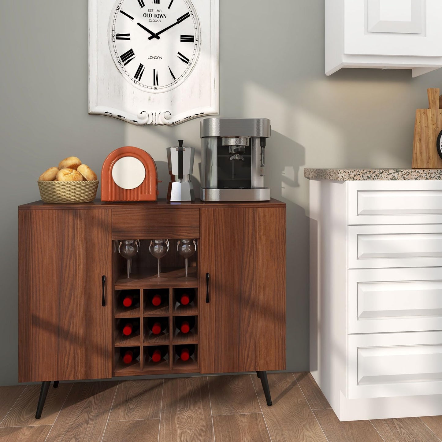 GiantexUK Wooden Buffet Sideboard, Wine Bar Cabinet with Adjustable Shelves, Detachable Wine Racks