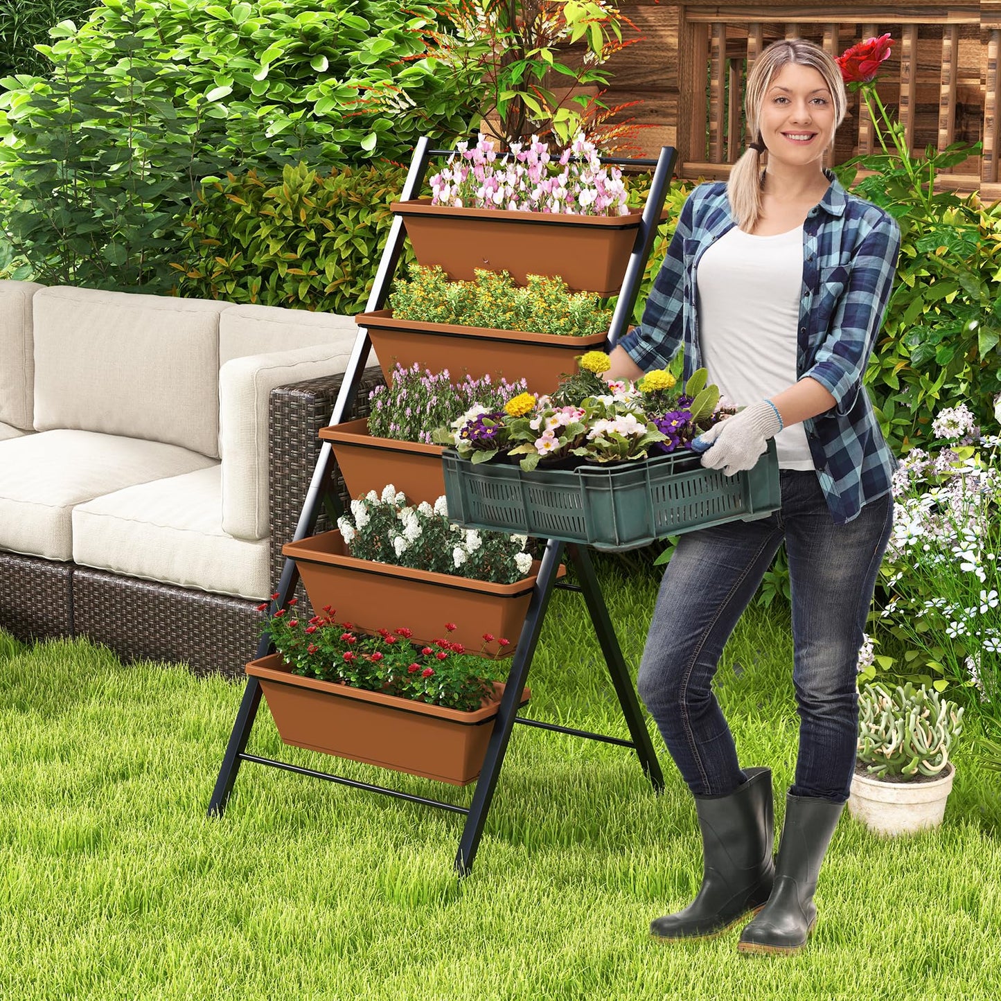 GiantexUK Raised Garden Bed, 5 Tier Vertical Ladder Planter with 5 Removable Trays, Wheels & Drain Holes (with Wheels, Brown, 57 x 74 x 127cm)