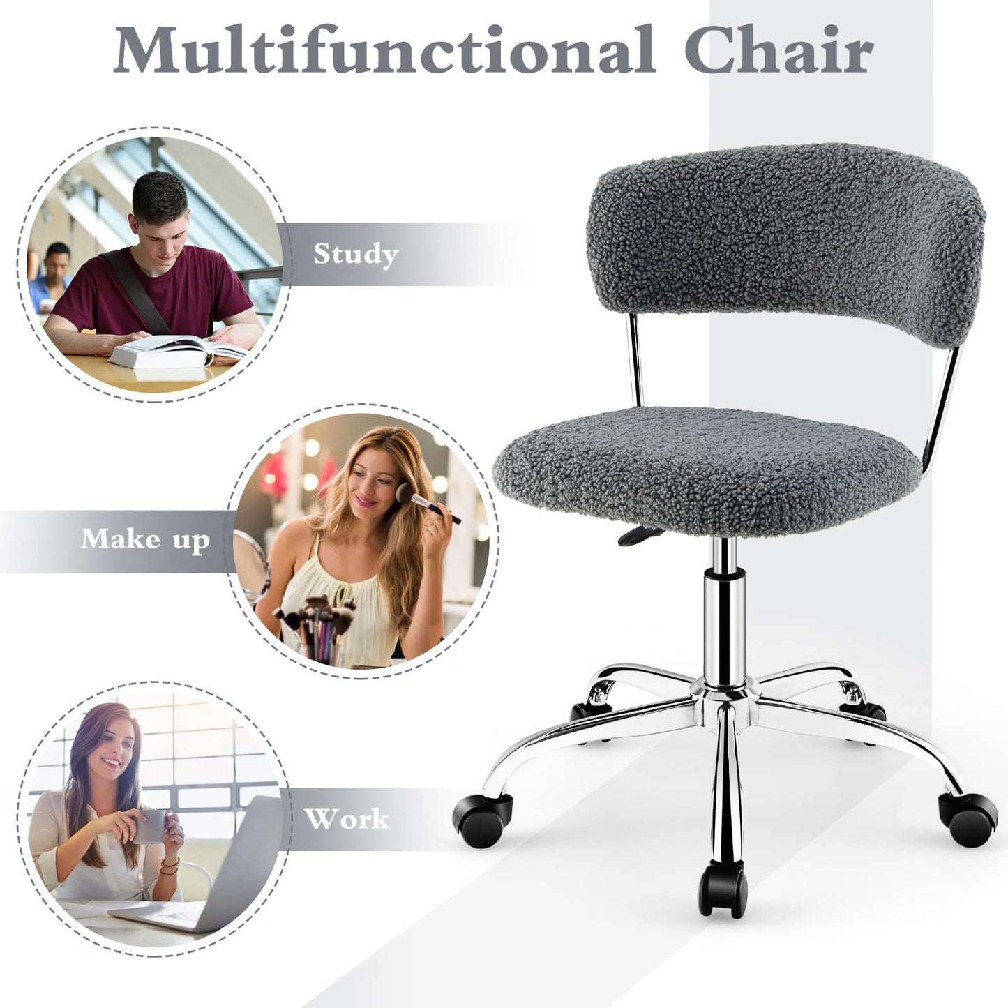 Faux Fur Office Chair, Height Adjustable Swivel Computer Desk Chair with Rolling Casters