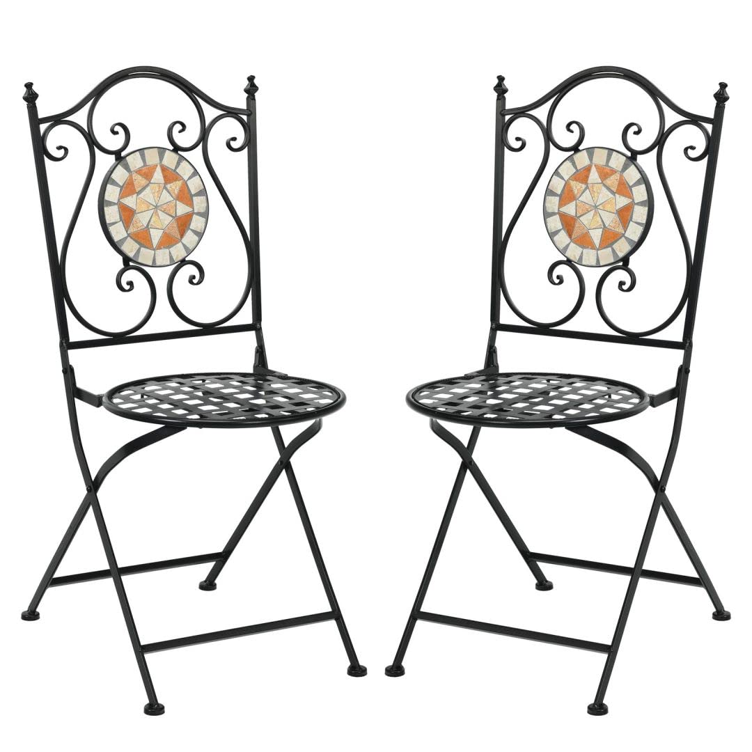 GiantexUK 3PCS Patio Bistro Set, Metal Frame Round Mosaic Coffee Table with 2 Folding Chairs