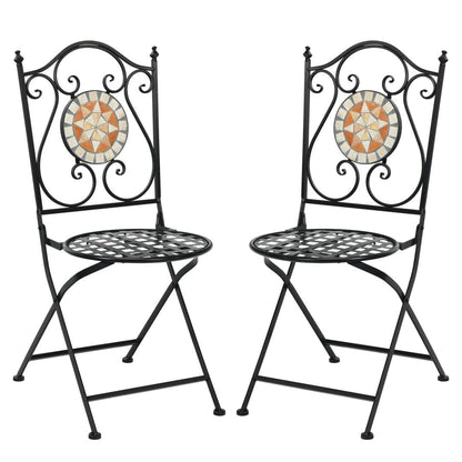 GiantexUK 3PCS Patio Bistro Set, Metal Frame Round Mosaic Coffee Table with 2 Folding Chairs