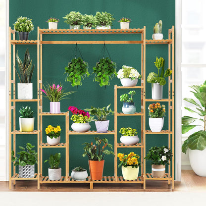 Bamboo Plant Stand, 9-Tier Flower Pots Rack with Hanging Rack, Slatted Shelves & Anti-Toppling Device