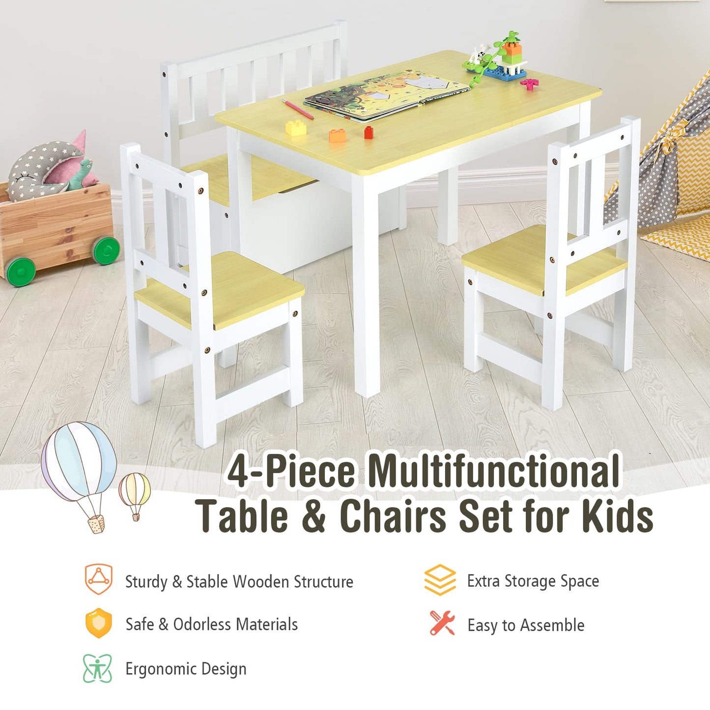 Kids Table & Chair Set, 4-Piece Children Furniture with Toy Storage Bench