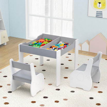 Kids Table and Chair Set, Wooden Children Study Desk with 2 Chairs, Reversible Blackboard Tabletop & Hidden Storage