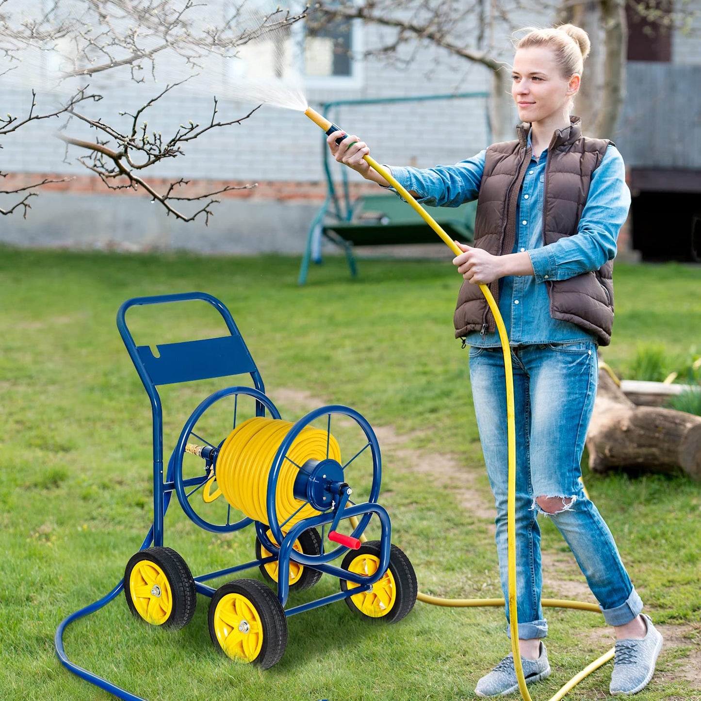 GiantexUK Garden Hose Trolley, Metal Hose Pipe Reel Cart with Wheels & Crank Handle