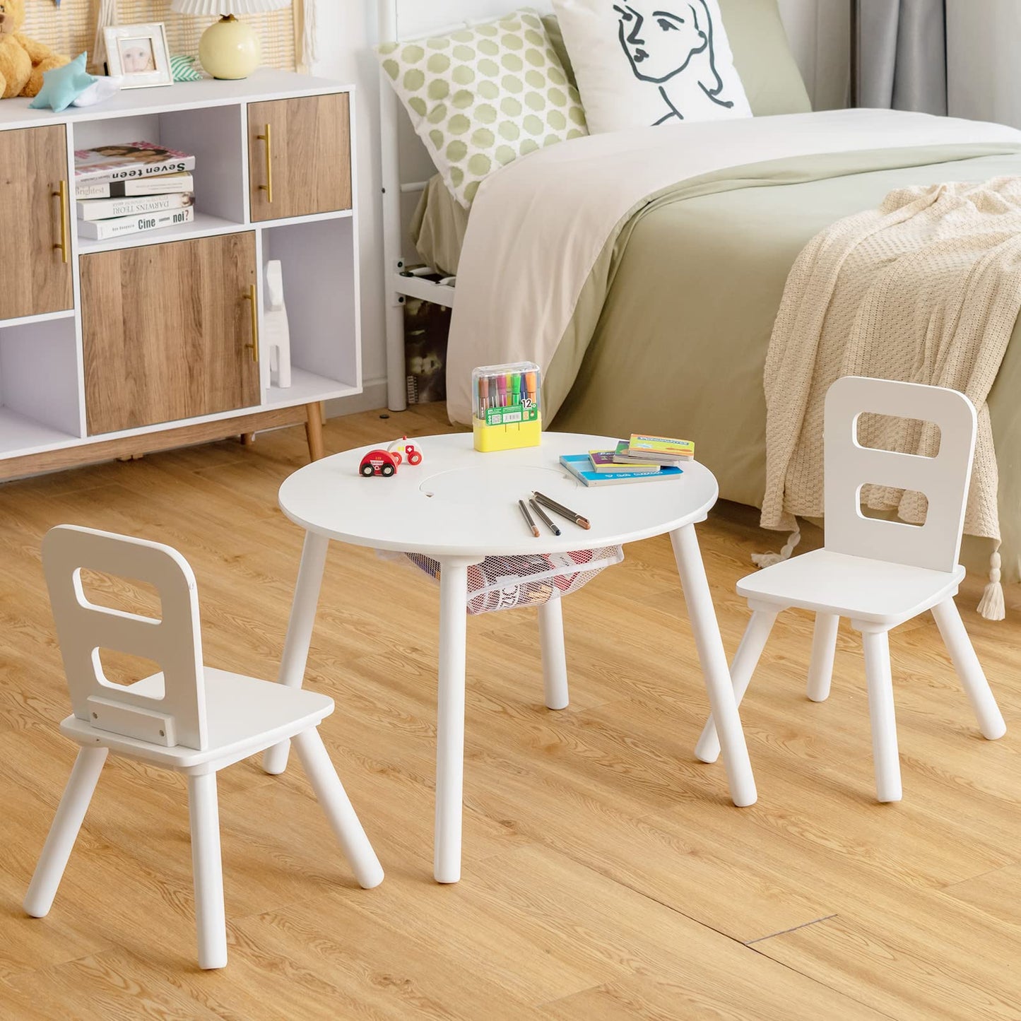 Kids Table and 2 Chairs Set, Wood Activity Tables with Center Mesh Storage (White)